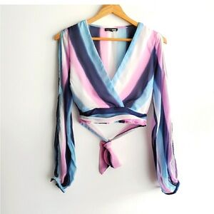 Fashion Nova Blue and Pink Striped V-Neck Blouse